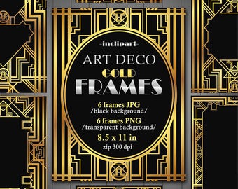 Frames Art Deco Clipart. Set of 6 digital metallic, gold frames in JPG and PNG formats. Printable. Instant download. Commercial  use.