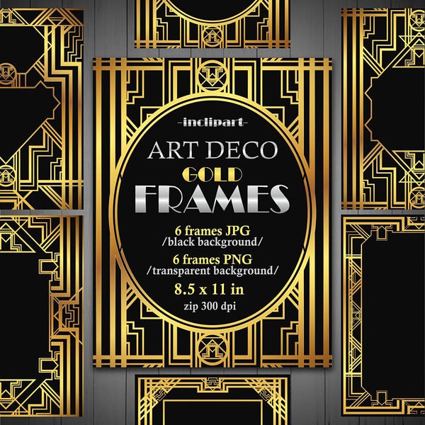 Frames Art Deco Clipart. Set of 6 digital metallic, gold frames in JPG and PNG formats. Printable. Instant download. Commercial  use.