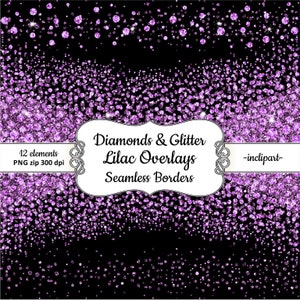 Lilac Diamond Clipart. Seamless side border diamond & glitter clipart. Overlays clipart. Instant digital download. PNG format. Business use.