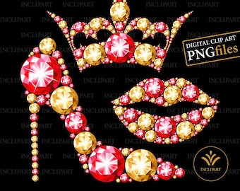 Puede incluir: Una imagen de clip art digital de una corona, un zapato de tacón alto y un par de labios, todos hechos de piedras preciosas rojas y doradas. La imagen está sobre un fondo negro.