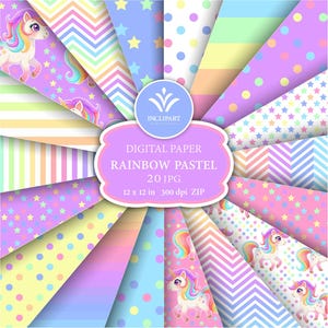 Pastel, soft rainbow colors, unicorn backgrounds. Strips, Chevron seamless digital paper. 20 JPG digital papers. Printable. Instant download