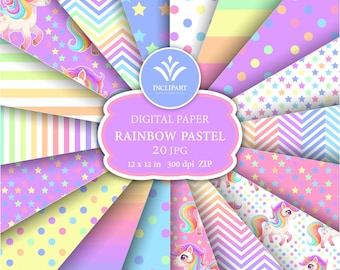 Pastel, soft rainbow colors, unicorn backgrounds. Strips, Chevron seamless digital paper. 20 JPG digital papers. Printable. Instant download