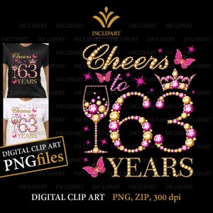 Proost op 63 jaar, digitale clipart-png-, jpg-bestandsindelingen. 63e verjaardag illustraties, doe-het-zelf, afdrukbare bestanden. Wijnglas, vlinder-png-bestanden.