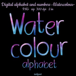 Aquarel alfabet nummers digitale clipart. Letters cijfers symbolen hand geschilderde illustraties. Direct downloaden in PNG-formaat. Commercieel gebruik.