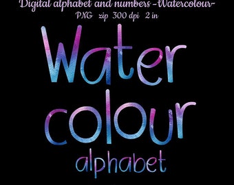Watercolour alphabet numbers digital clipart. Letters numbers symbols hand painted clip art. Instant download in PNG format. Commercial use.
