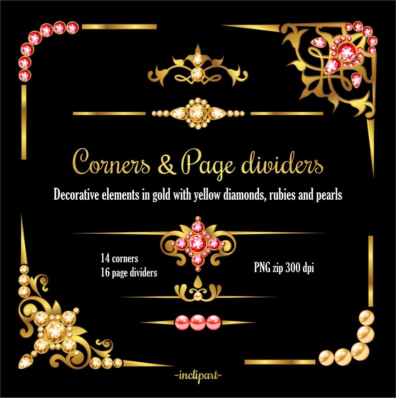 Instant download PNG diamond Business use Set of 30 various decorative elements in gold Gold Corner Page Divider Clipart ruby clipart