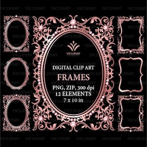 Rose Gold Rahmen digitale ClipArt PNG. Roségold und Diamantrahmen, Grenze. Digitale Rahmen PNG, transparenter Hintergrund. Sofortiger Download.