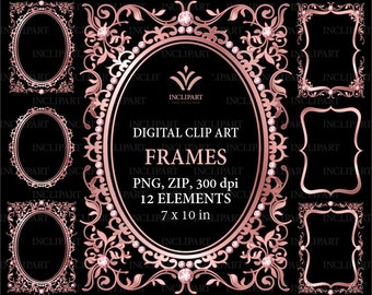 Rose Gold marcos digital clip art PNG. Marcos de oro rosa y diamantes, borde. Marcos digitales PNG, fondo transparente. Descarga instantánea.
