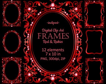 Red metallic frames digital clip art. Red and ruby frames, border. Frames PNG, transparent background. Instant download. Commercial  use