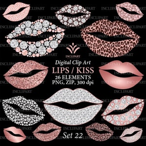 Labios, beso imágenes prediseñadas digitales PNG. Brillo de oro rosa y imágenes prediseñadas de labios de diamante. Imágenes prediseñadas de moda. Boda, imágenes prediseñadas de fiesta. Descarga instantánea.