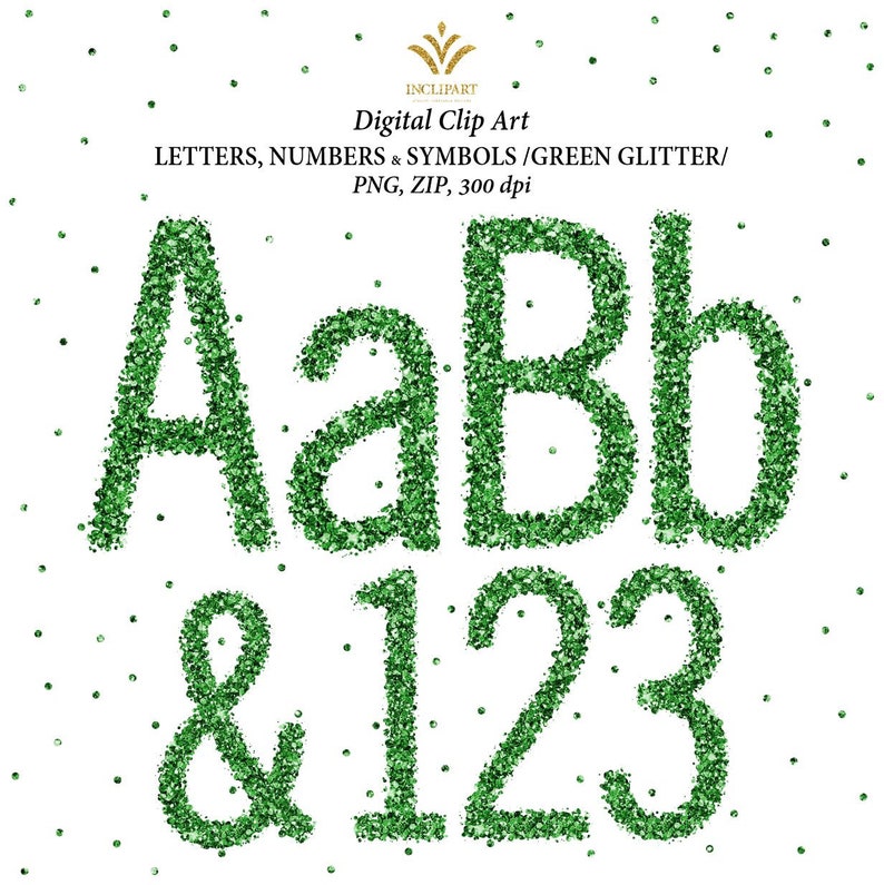 Green Glitter Letters, Numbers, Symbols PNG Files Digital Clip Art