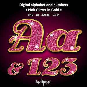 Imágenes prediseñadas del alfabeto de brillo rosa. Letras y números imágenes digitales clip. Brillo en alfabeto dorado. Descarga instantánea. Formato PNG. Uso comercial.