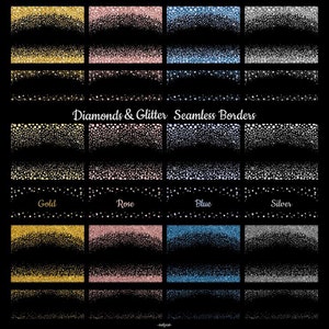 May include: A set of 24 seamless borders featuring gold, rose gold, blue, and silver glitter and diamond patterns. The borders are perfect for adding a touch of sparkle to any design project.