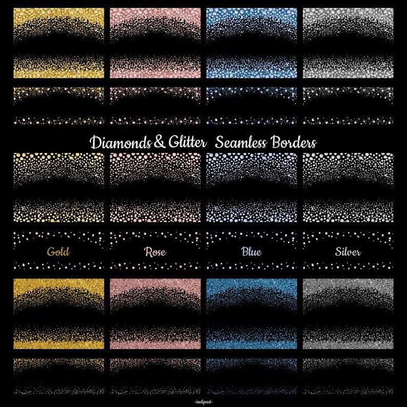 May include: A set of 24 seamless borders featuring gold, rose gold, blue, and silver glitter and diamond patterns. The borders are perfect for adding a touch of sparkle to any design project.
