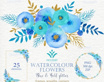 Watercolor Blue Flower clipart. Floral wreath, corner, frames clip art. Blue and Gold glitter flowers. Instant download  PNG. Business use