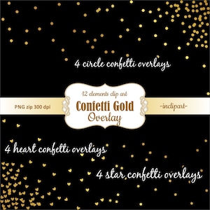 Clipart de sobreposição de confete. Clipart de sobreposição de folha de ouro. Círculo, coração e confete em forma de estrela. Download digital instantâneo em PNG. Uso comercial.