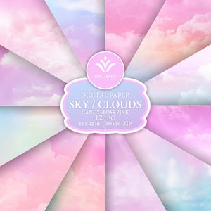 Cielo rosa, Clouds Digital Paper, ClipArt di sfondo. Set di 12 JPG candyfloss sfondi rosa, carte digitali. Stampabile. Download istantaneo.