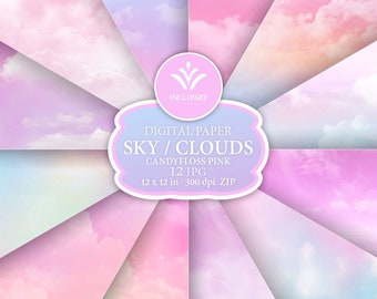Pink Sky, Clouds Digital Paper, background Clip Art. Set of 12 JPG candyfloss pink backgrounds, digital papers. Printable. Instant download.