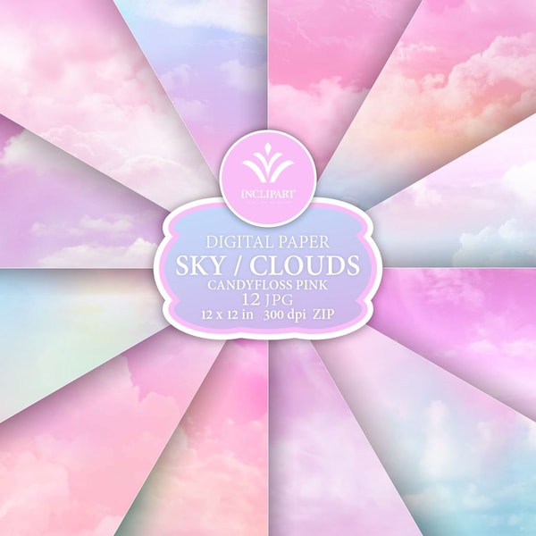 Pink Sky, Clouds Digital Paper, background Clip Art. Set of 12 JPG candyfloss pink backgrounds, digital papers. Printable. Instant download.