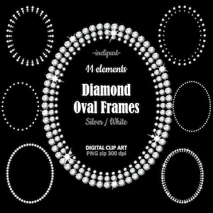 Könnte beinhalten: Set mit 11 ovalen Diamantrahmen in Silber und Weiß. Die Rahmen bestehen aus funkelnden Diamanten und sind perfekt, um jedem Designprojekt einen Hauch von Glamour zu verleihen.