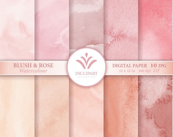 Blush & Rose Watercolour Digital Paper Clip Art. Set of 10 JPG watercolor backgrounds / digital papers. Printable. Instant download.