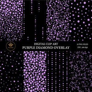 Purple Diamond-overlay clipart PNG-bestandsindeling. Overlay clipart met paarse strassteentjes. Losse edelstenen overlay. Directe digitale download, png.