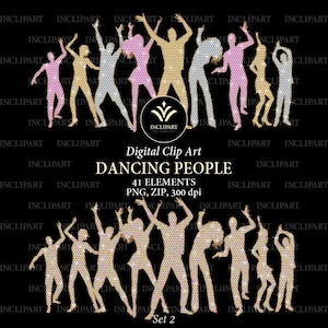 Persone che ballano con diamanti clipart. Ballerini partito sagoma clipart. Discoteca clipart oro e diamanti. Download digitale PNG.