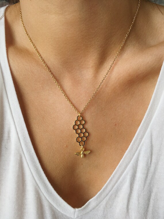Gold Stainless Steel Honeycomb Bee Necklace Behive Hexagon Etsy