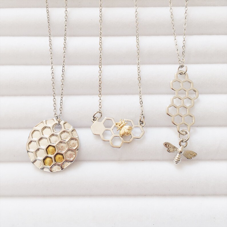 Two Tone Honeycomb Bee Necklace Behive Hexagon Boho Etsy
