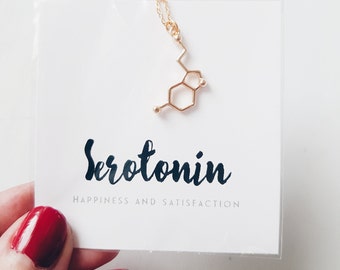 Gold Serotonin Chemical Structure Necklace | Serotonin DNA | Neurotransmitter | Silver Tone | Science | Cool