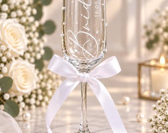 Personalised Bride Champagne Glass with Pearls, Wedding Morning Glass, Bridal Keepsake, Hen Party Gift, Custom Bride Flute