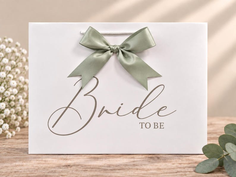 May include: A white rectangular gift bag featuring the text "Bride TO BE" in a dark gray script and block font. The bag is adorned with a sage green satin ribbon tied into a bow at the top center, positioned above the printed text.
