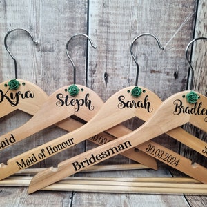 Wedding Hangers Bride, Bridesmaid, Maid of Honour, Flower Girl Dress Hangers Natural Wooden Bridal Party Hangers