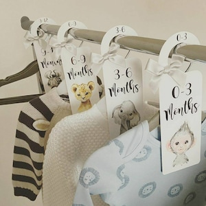 May include: Four white hangers with animal illustrations and text indicating age ranges for baby clothes. The hangers are labelled 0-3 months, 3-6 months, 6-9 months, and 9-12 months. The hangers are hanging on a silver clothes rack.