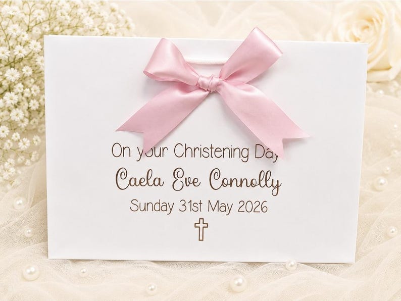 Op de afbeelding: Een witte rechthoekige cadeauzak met een lichtroze satijnen strik in het midden bovenaan. De tekst luidt: On your Christening Day, Caela Eve Connolly, Sunday 31st May 2026, met een klein kruissymbool in bruine inkt onder de datum.