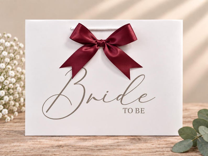 May include: A white rectangular gift bag featuring a dark burgundy satin ribbon bow centered at the top. The front of the bag displays the text "Bride TO BE" in a grey script and block font combination, with white cord handles.