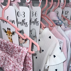 May include: Pink hangers with labels for different age ranges of baby clothes. The labels say "0-3 months", "3-6 months", "6-9 months", and "9-12 months". The hangers are hanging on a metal rod and have baby clothes hanging on them.