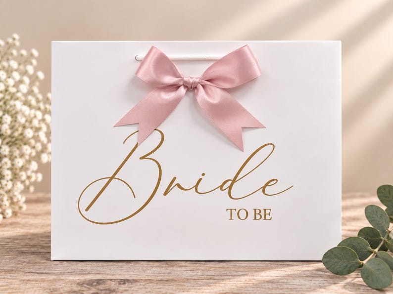 May include: A white rectangular gift bag featuring a dusty pink satin ribbon bow at the top center. The front of the bag displays the text "Bride TO BE" in a metallic gold script and serif font, with white cord handles.