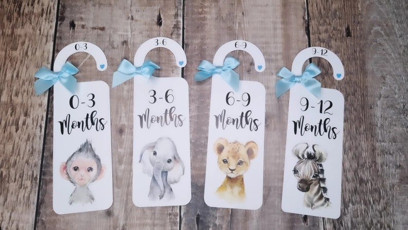 May include: Four white door hangers with blue ribbon bows and animal illustrations. Each hanger has a number and month printed on it: 0-3 months, 3-6 months, 6-9 months, and 9-12 months.
