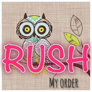 May include: A pink graphic with the word "RUSH" in large, bold letters and the words "MY ORDER" in smaller letters below. A cartoon owl with large eyes and a blue and white patterned design is behind the text.