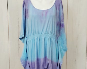 soft blend of rayon Machine wash tied resist indigo design. tumble dry polyester pink EXTRA LARGE new blouse indigo scoop neck