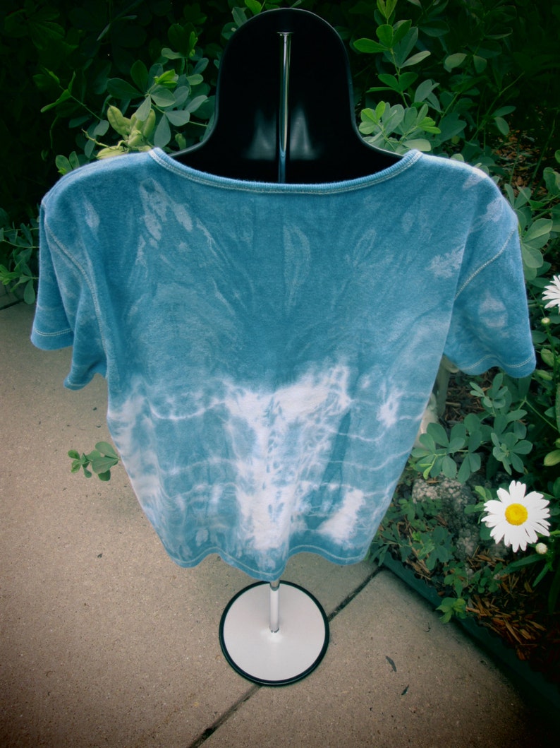 comfy cotton teens Indigo tied resist Large Ladies Liz Claiborne upcycled shirt teens Buttons Scoop neck bodice Womens short sleeves