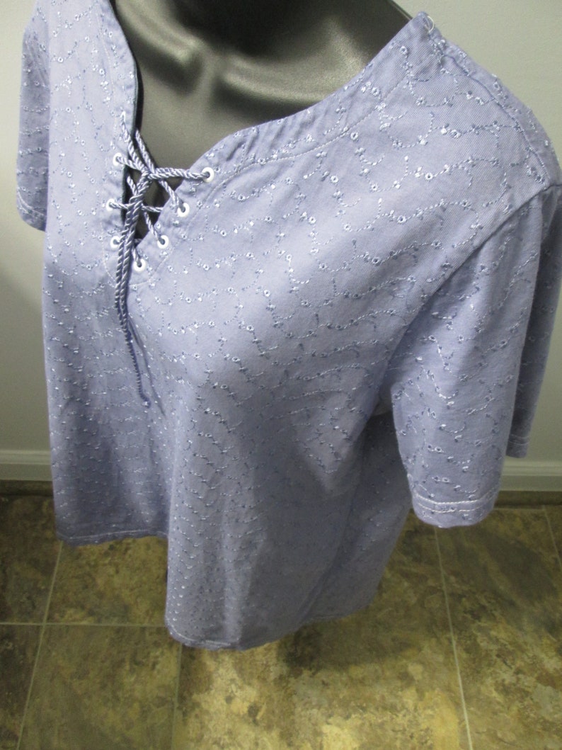 violet 90/% cotton pre-washed Blouse L colorfast. 10 percent rayon upcycled blouseeasy care Ladies eyelet dyed Indigo