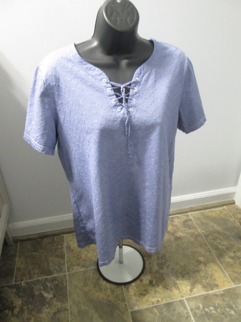 violet 90/% cotton pre-washed Blouse L colorfast. 10 percent rayon upcycled blouseeasy care Ladies eyelet dyed Indigo