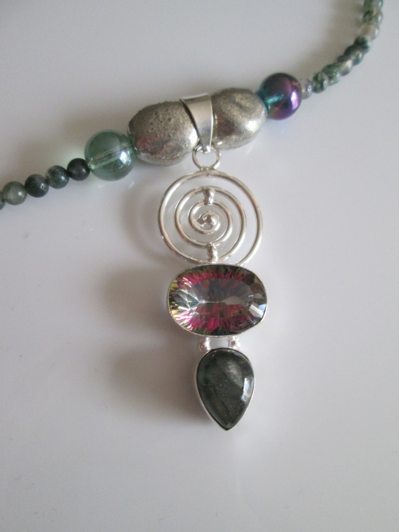 Rainbow TopazBaltic Amber NecklaceGenuine stonesGreen Aventurine beadsBlue Hands BoutiqueSterling Silver pendantstamped 925.