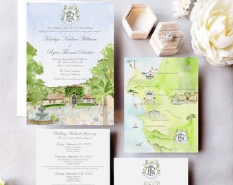 Carmel Wedding Invitations | The Club at Pasadera | The Katelyn Collection | Carmel wedding map hand painted | Wedding Menu Program Map