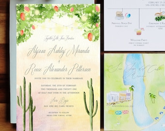 Acre Baja Watercolor Wedding Invitations | JW Marriott Los Cabos | The Amanda Collection | Custom Wedding Invitations