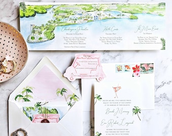 Ocean Reef Club wedding invitations | The Brooke Collection | Folded wedding Itinerary | Angler's Club Key Key Largo wedding suite