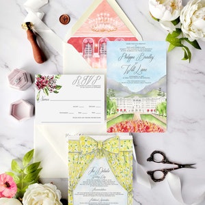 Invitaciones de boda de The Greenbrier Resort / Colección Philippa / Invitaciones de boda en acuarela / Papel de boda personalizado / Mapa de boda
