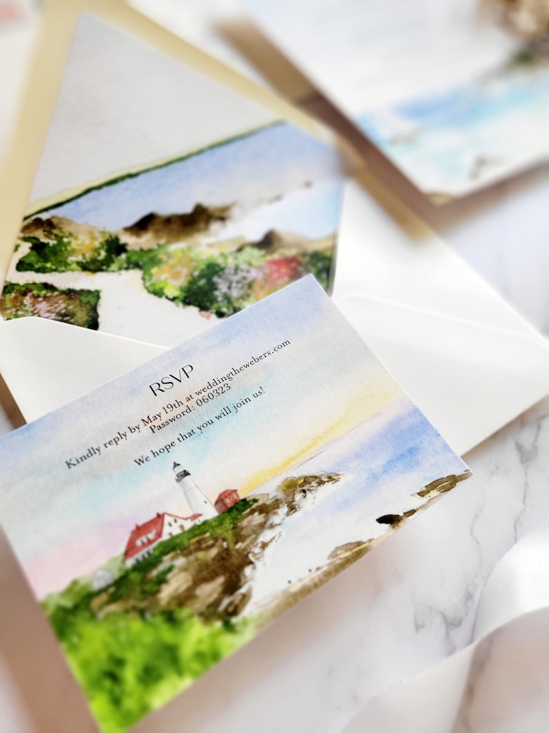 Maine Wedding Invitations Coastal Wedding Invitation Set Custom watercolor wedding invitations White Barn Inn Wedding image 2